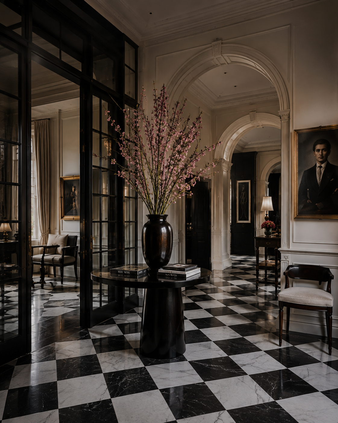 Elegant entry hall with black-and-white checkerboard floors, arched doorways, flowering branches, and framed portraiture.