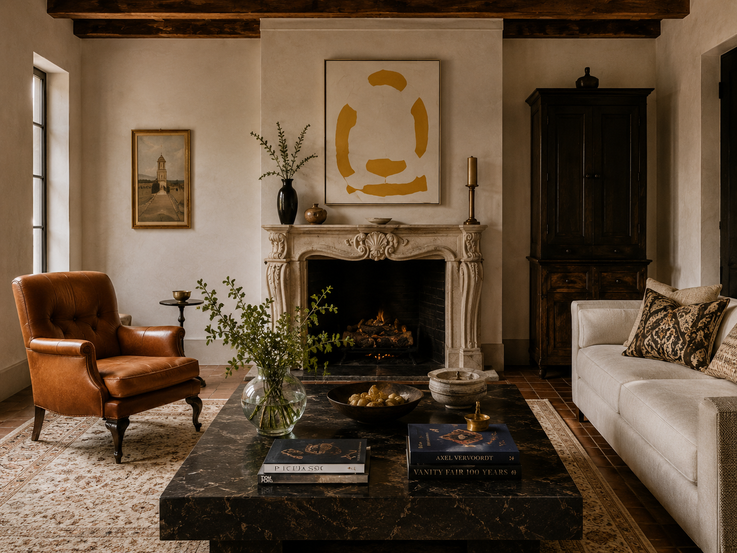 Living room with a carved stone fireplace, abstract artwork, leather seating, and a dark wood coffee table.