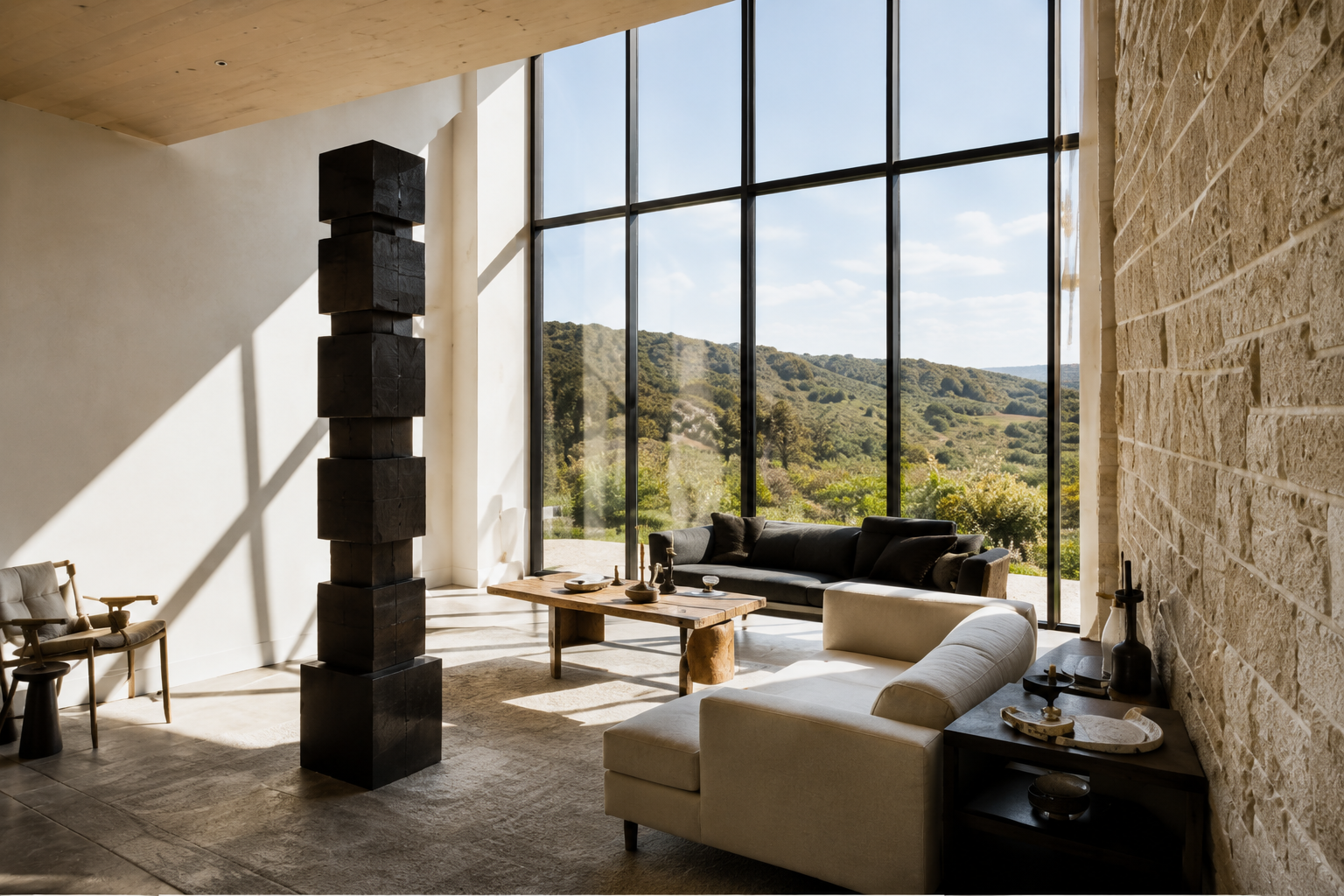 Living room with floor-to-ceiling black steel windows, cream seating, and panoramic Hill Country views.