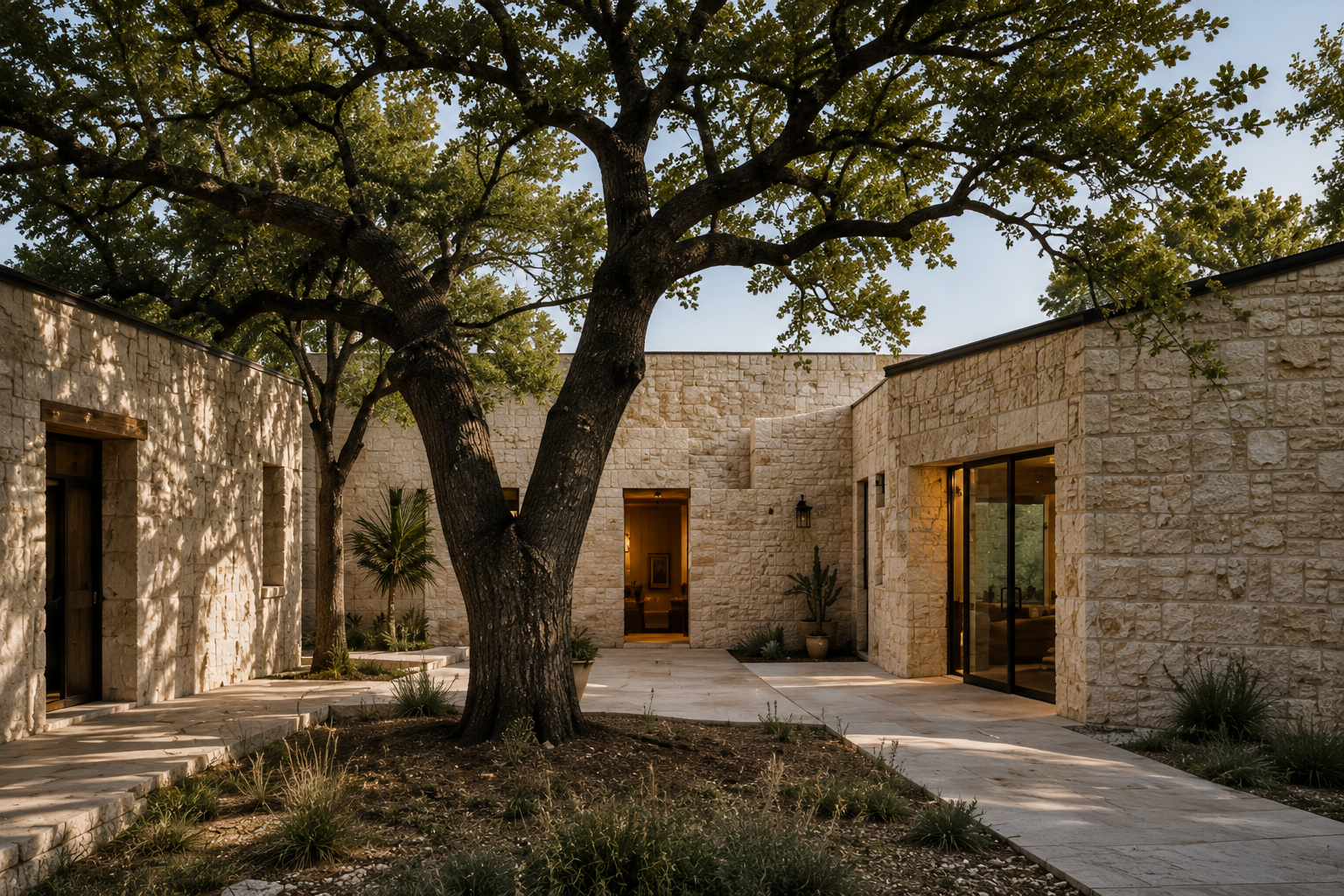 Mature oak tree shading a limestone courtyard with black steel windows and native landscaping.