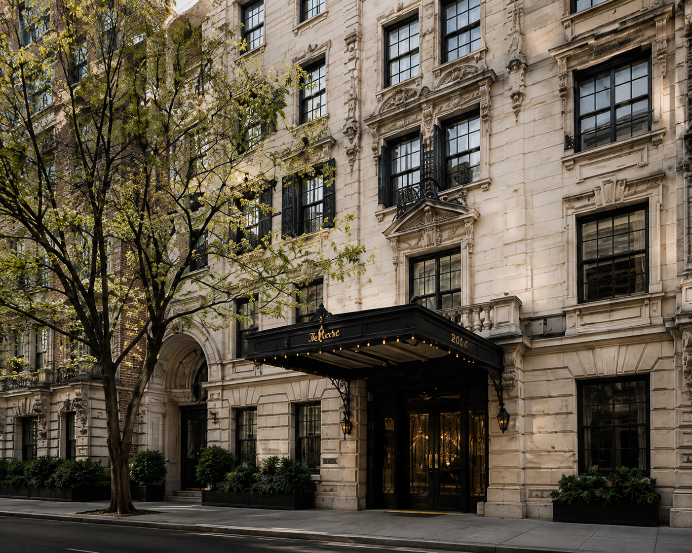 Ornate limestone residential building entrance with black canopy and mature street trees.