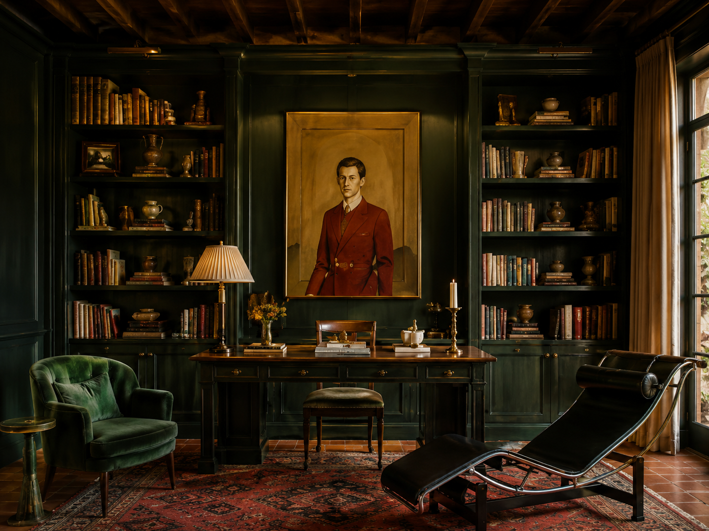 Dark green library with built-in bookshelves, framed portrait, writing desk, and black leather lounge chair.