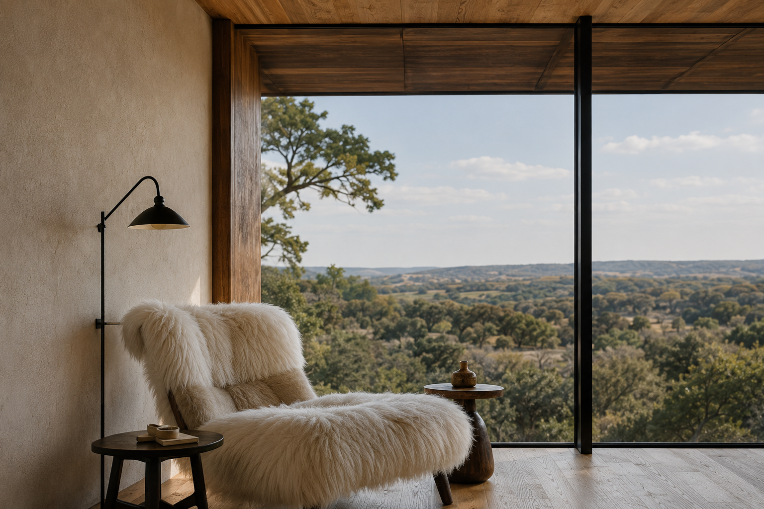 Cream sheepskin lounge chair beside a floor-to-ceiling window overlooking the Hill Country landscape.
