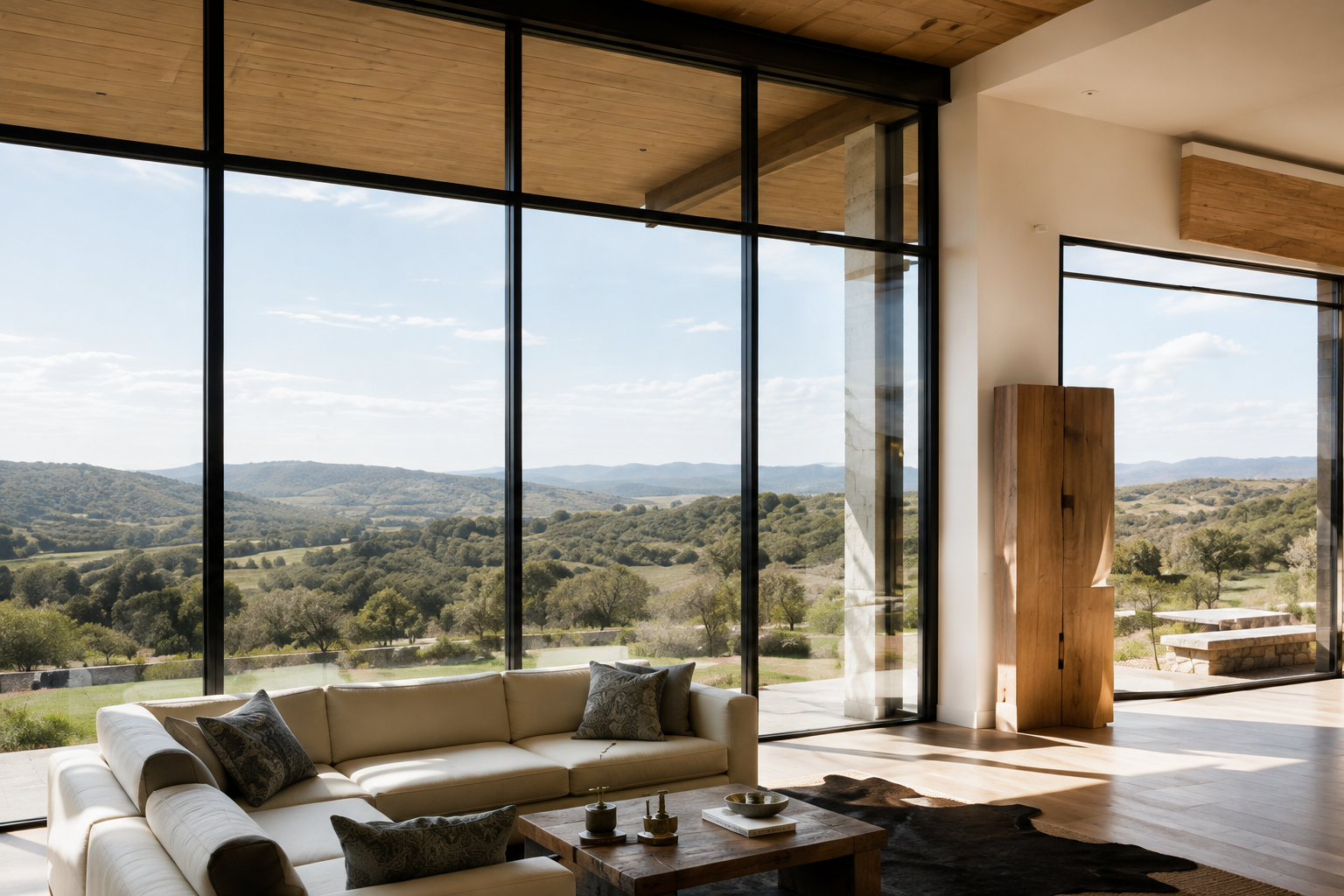 Living room with cream seating and floor-to-ceiling windows framing the rolling Hill Country landscape.