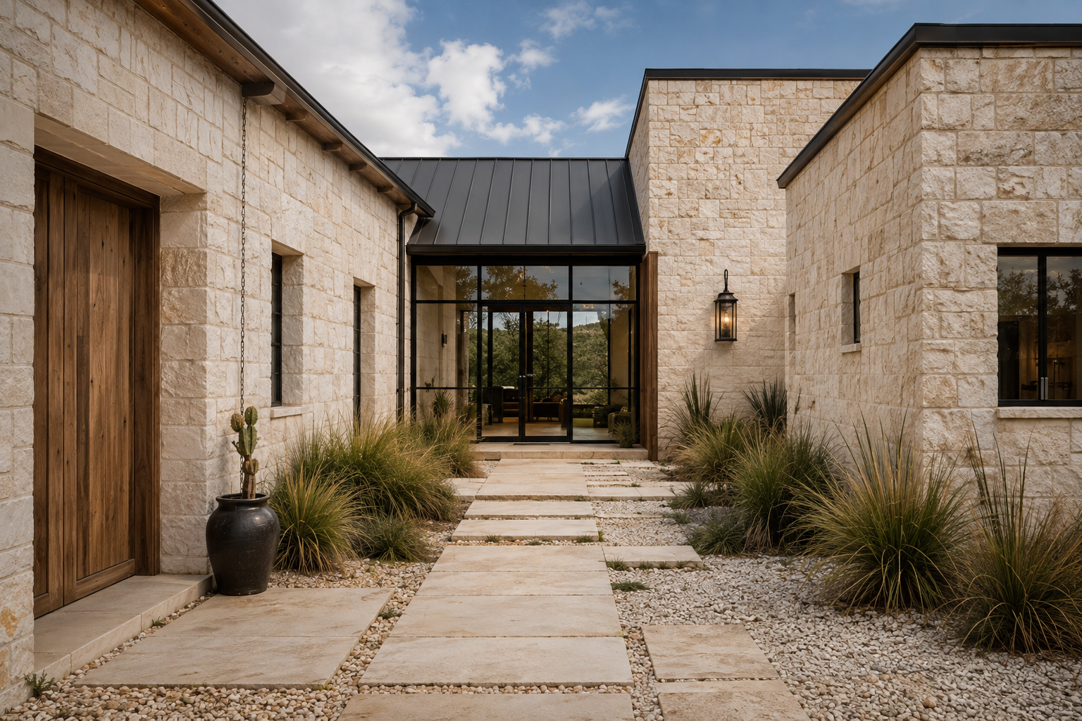 Pale limestone residence with a black metal roof, stone walkway, and native grasses.