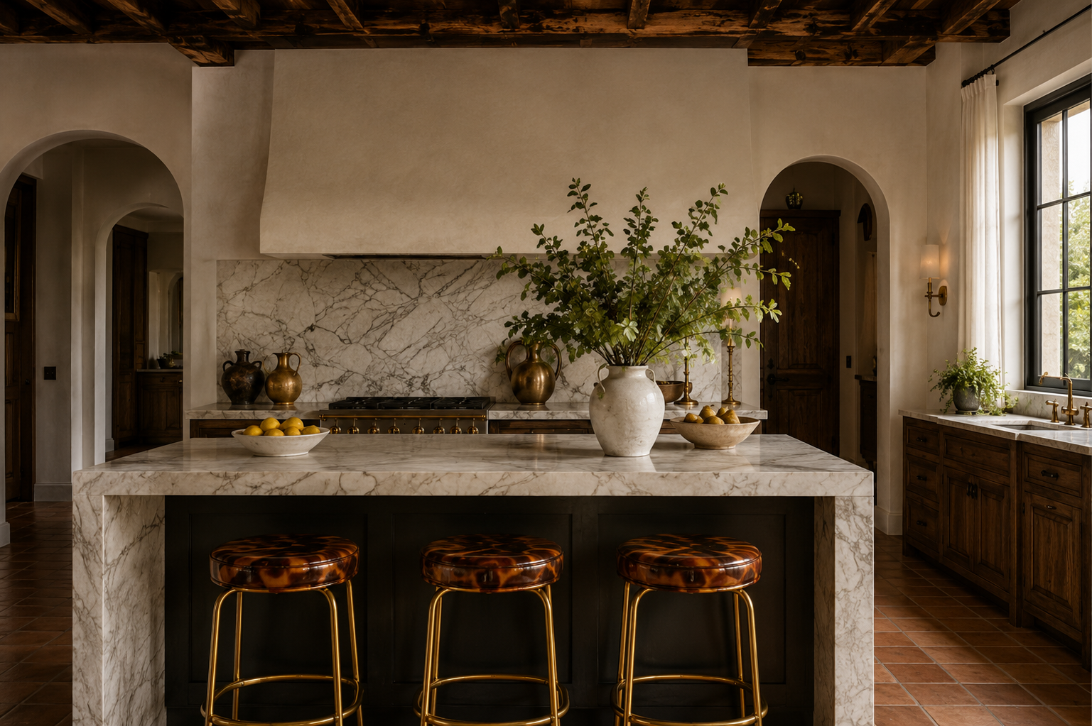 Marble kitchen with three counter stools, warm plaster walls, and an arched doorway.