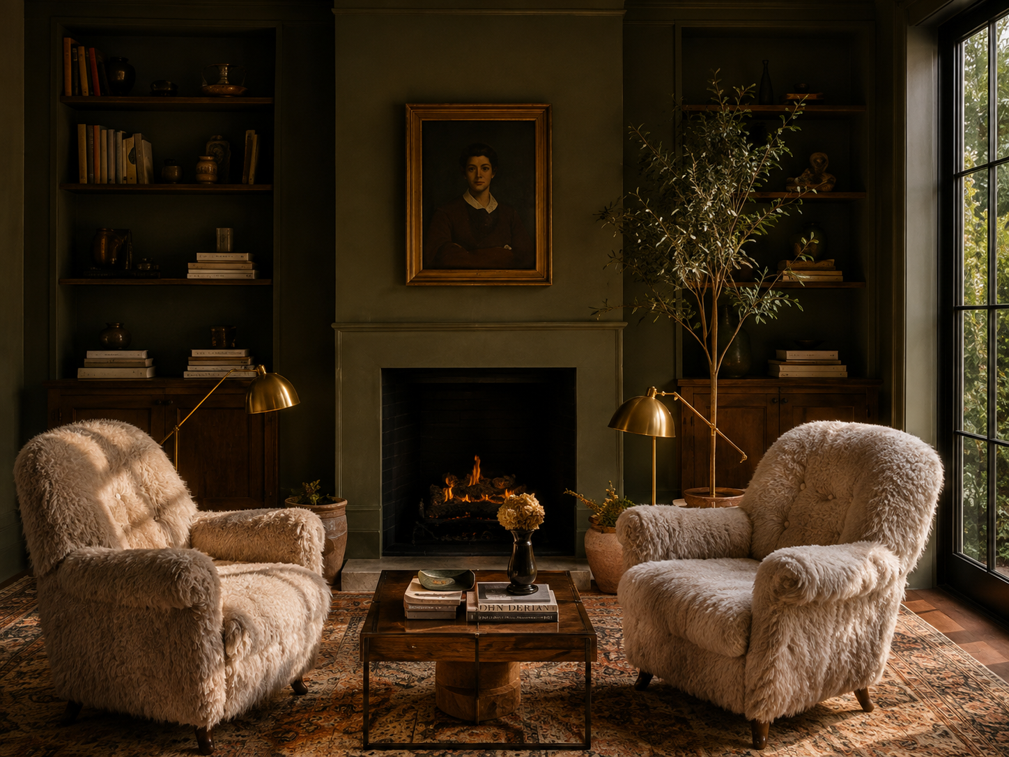 Intimate sitting room with a dark fireplace, two upholstered armchairs, built-in shelving, and brass reading lamps.