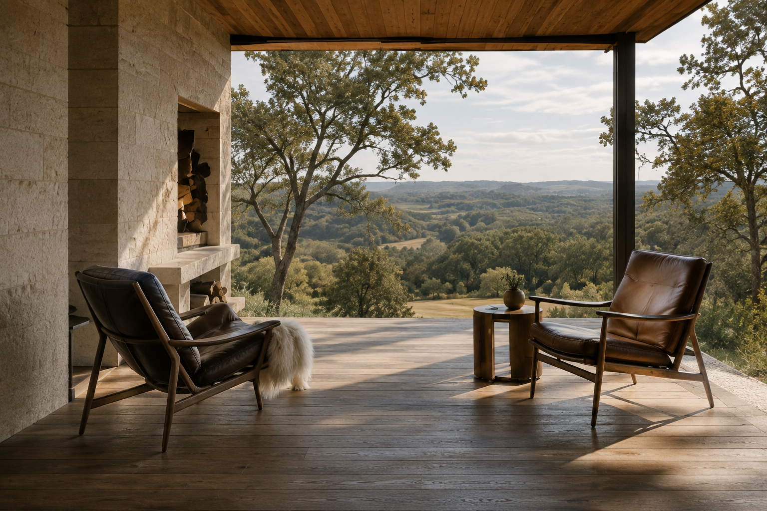Covered terrace with wood ceiling and lounge seating framing a mature oak tree and distant hills.