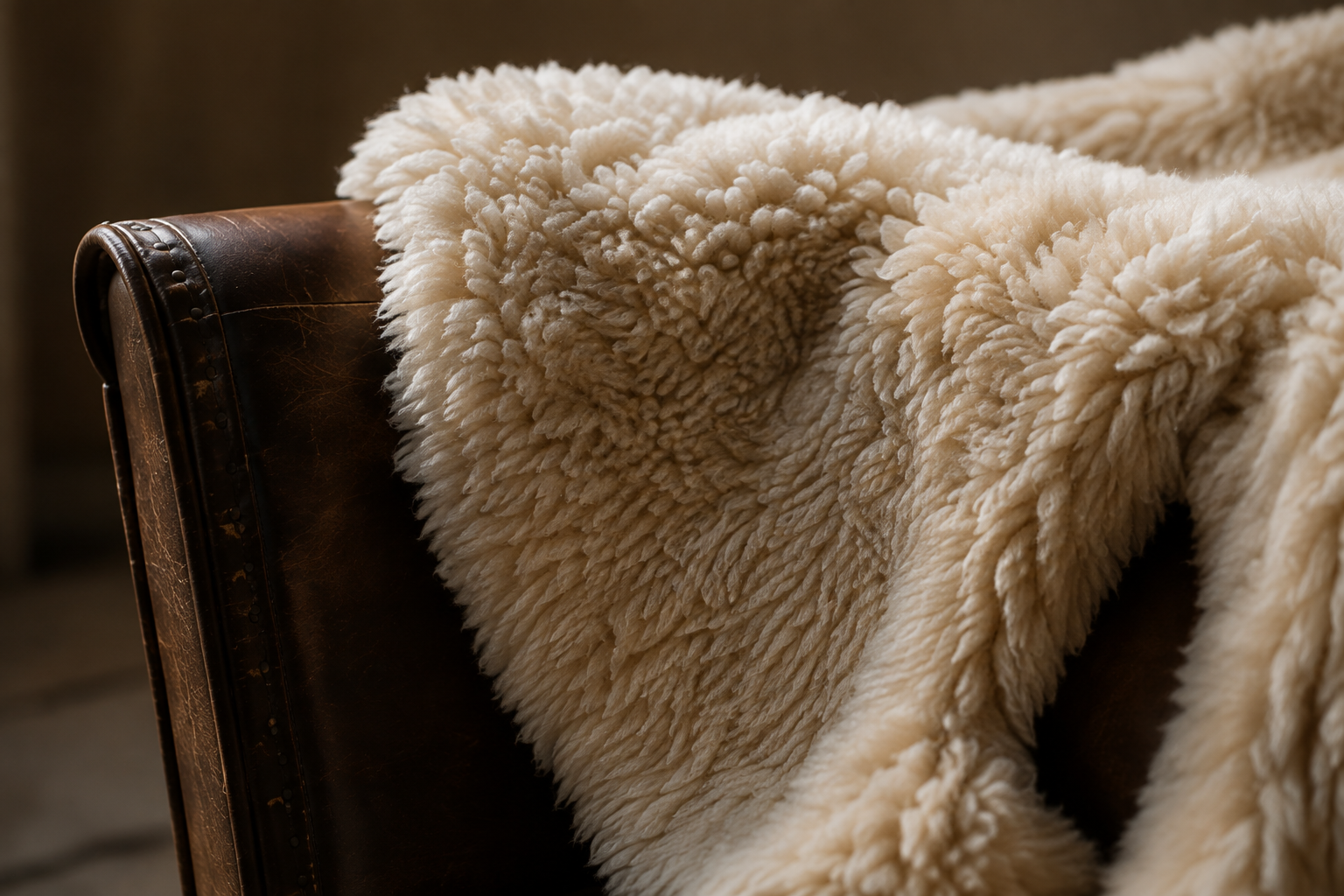 Cream sheepskin draped over the back of a dark leather chair.