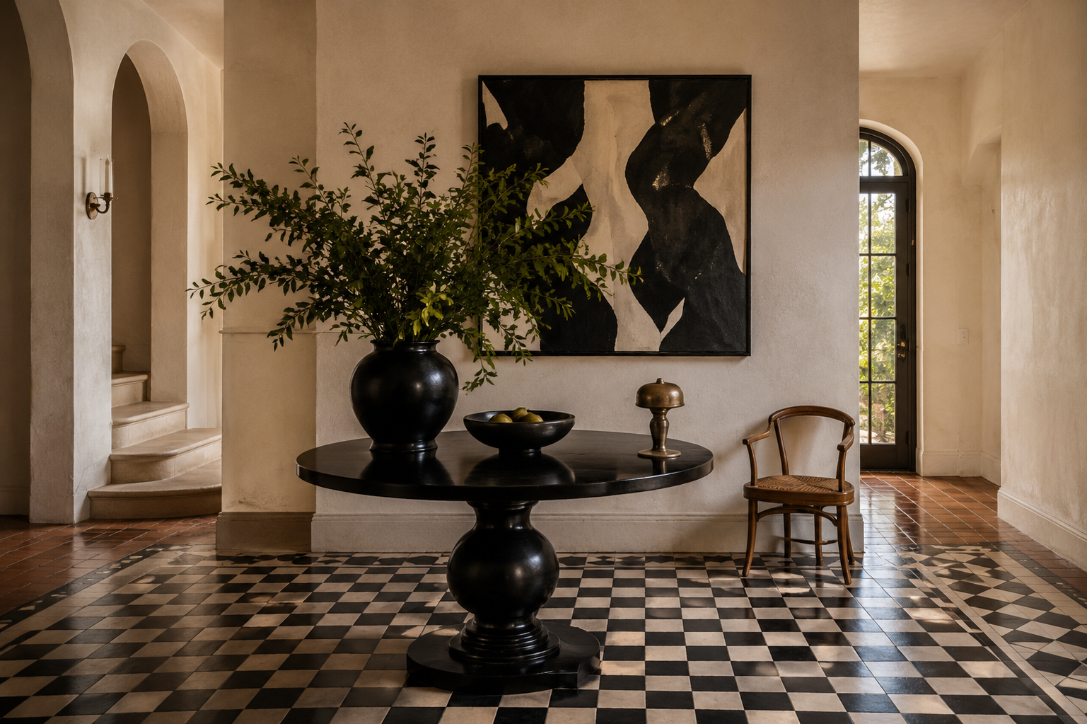 Entry area with black-and-white checkerboard floor, sculptural black table, artwork, and leafy branches.