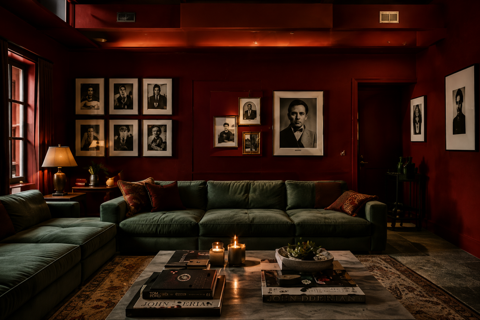 Deep red living room with a green velvet sofa, framed photographs, and candlelit coffee table.