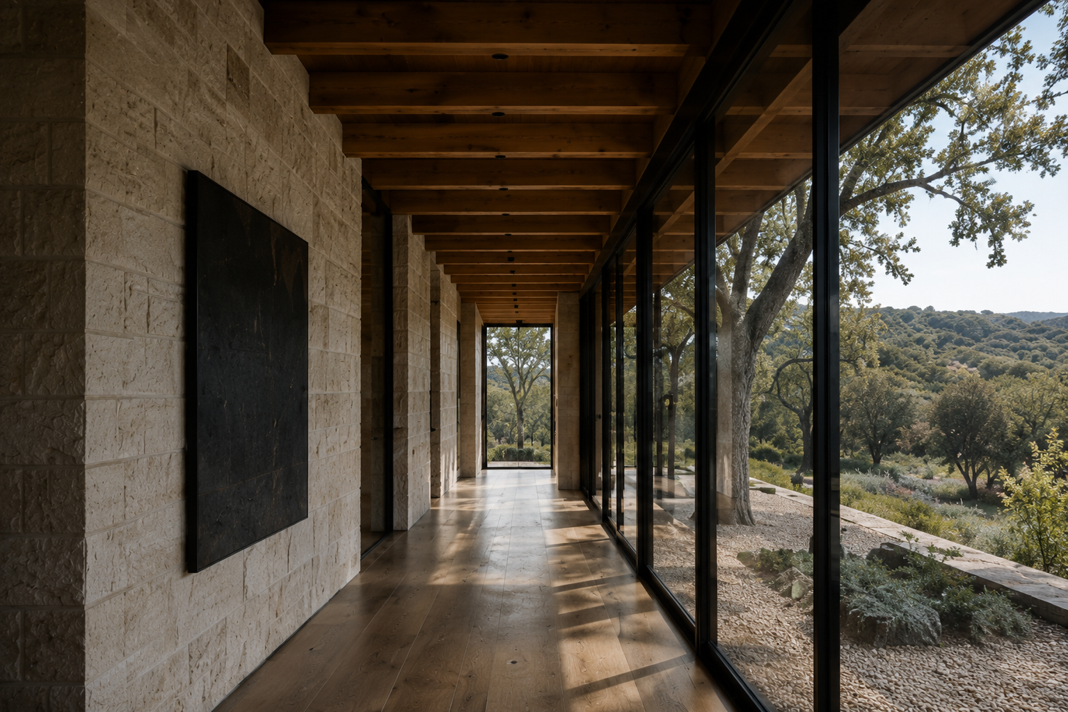 Long covered passage with limestone walls, black steel windows, wood ceiling, and polished concrete floor.