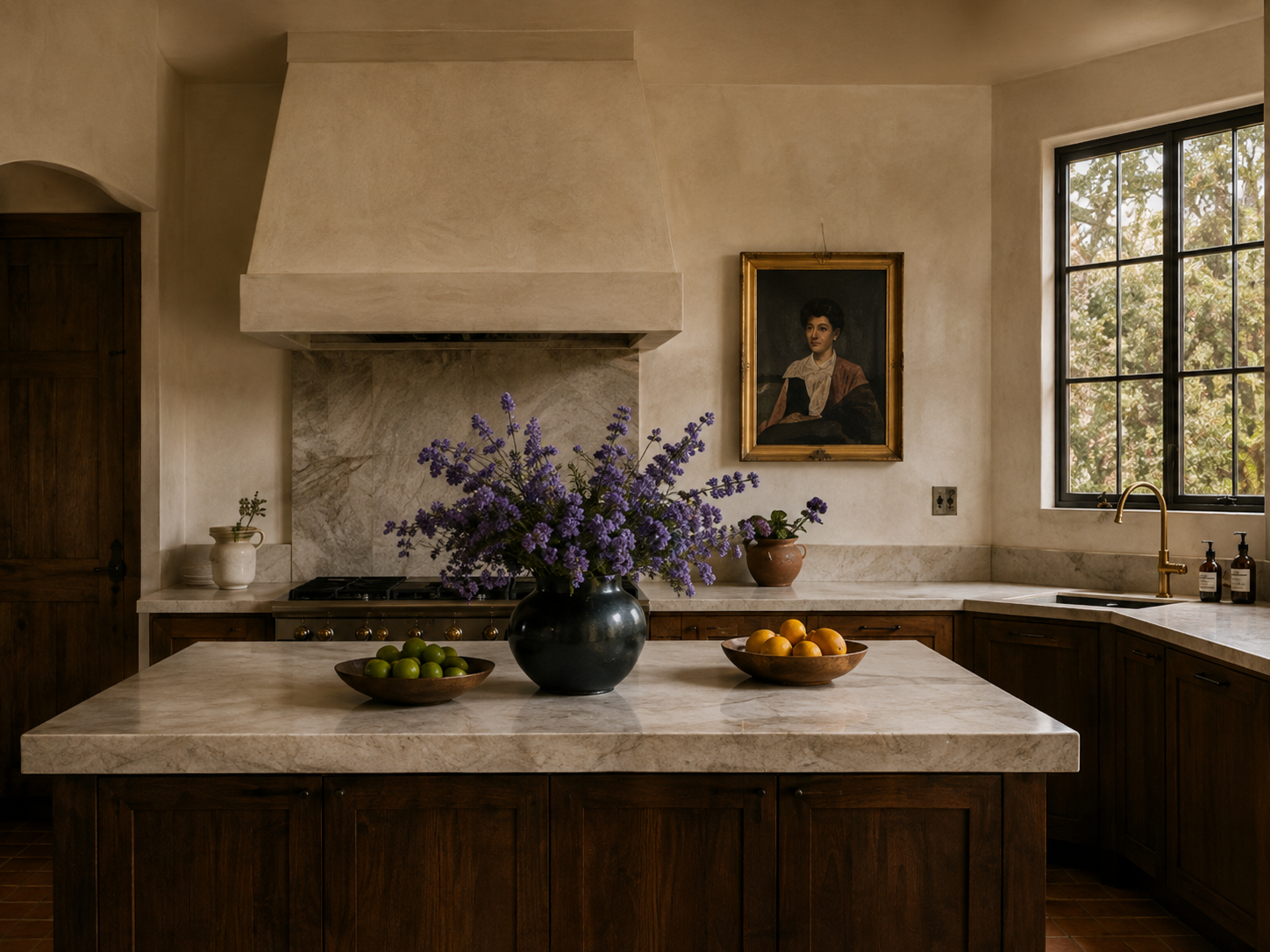 Kitchen with a large wood island, plaster range hood, framed portrait, and purple flowers.