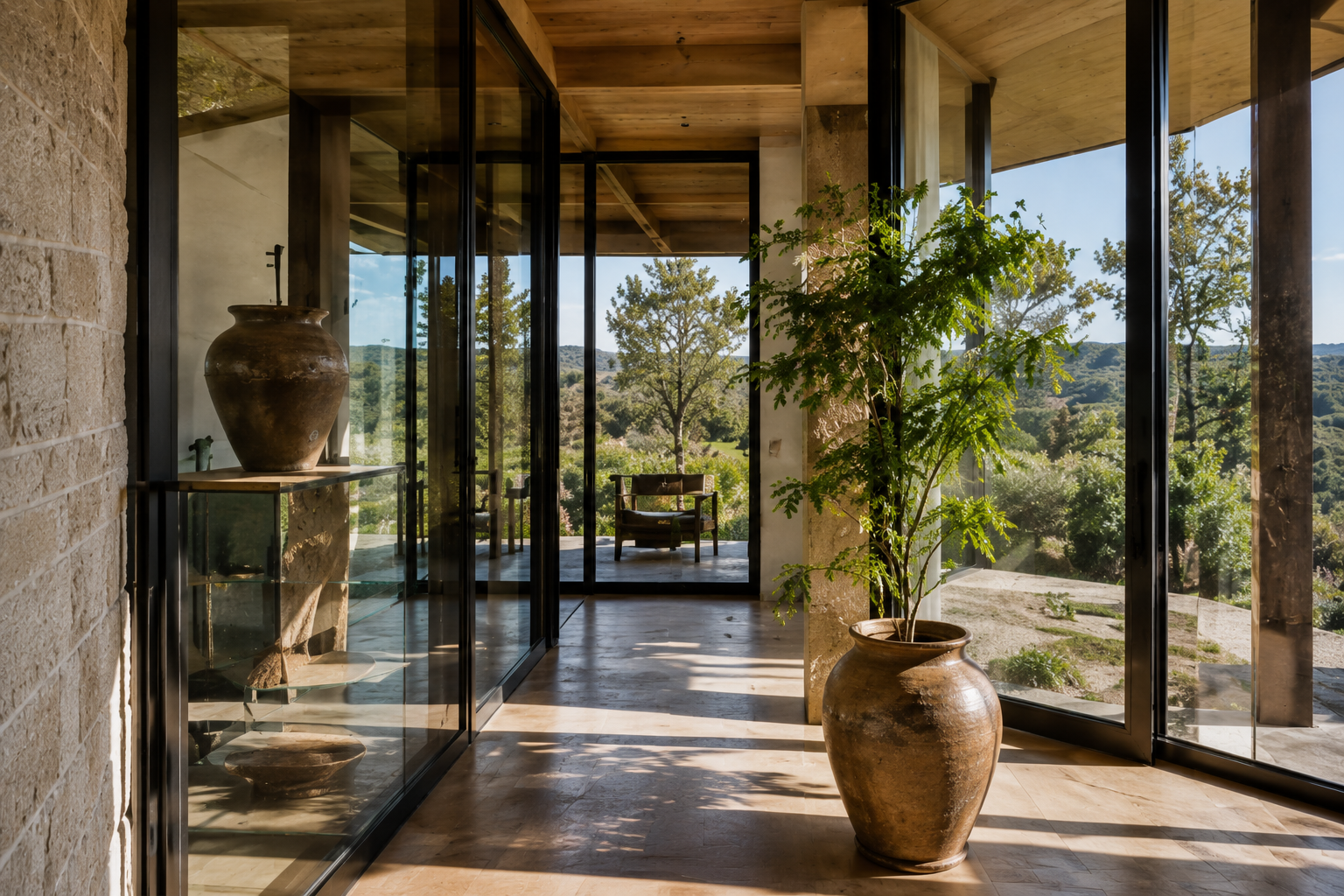Glass-walled passage with wood ceiling, stone floors, potted greenery, and views of the surrounding landscape.