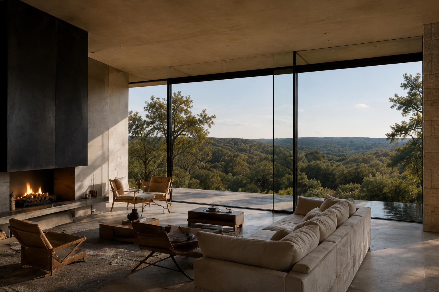 Open living room with cream seating and expansive glass walls overlooking rolling Hill Country terrain.