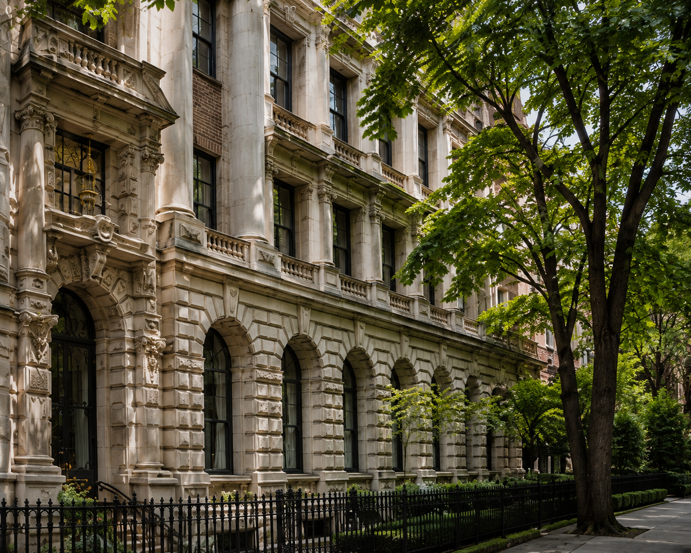 Ornate limestone residential facade partially shaded by mature green trees.