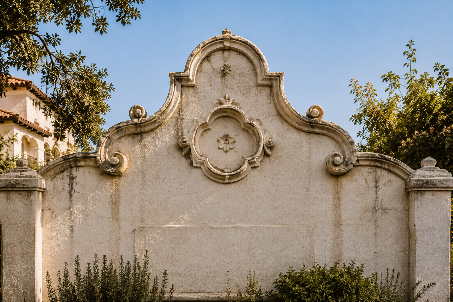 Ornamental curved parapet on a white stucco facade beneath a clear blue sky.