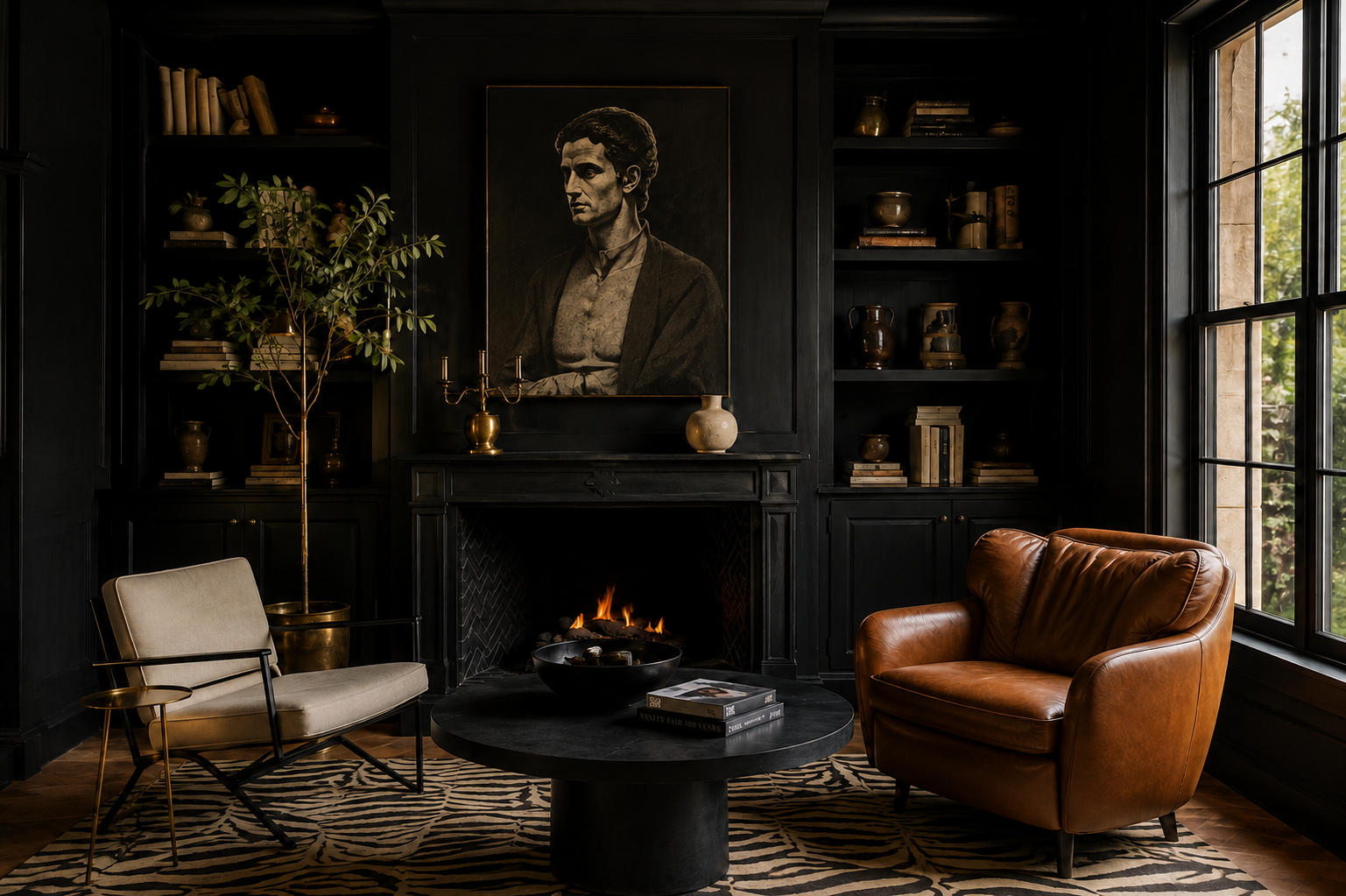 Dark living room with a black fireplace, portrait artwork, leather seating, and built-in shelves.
