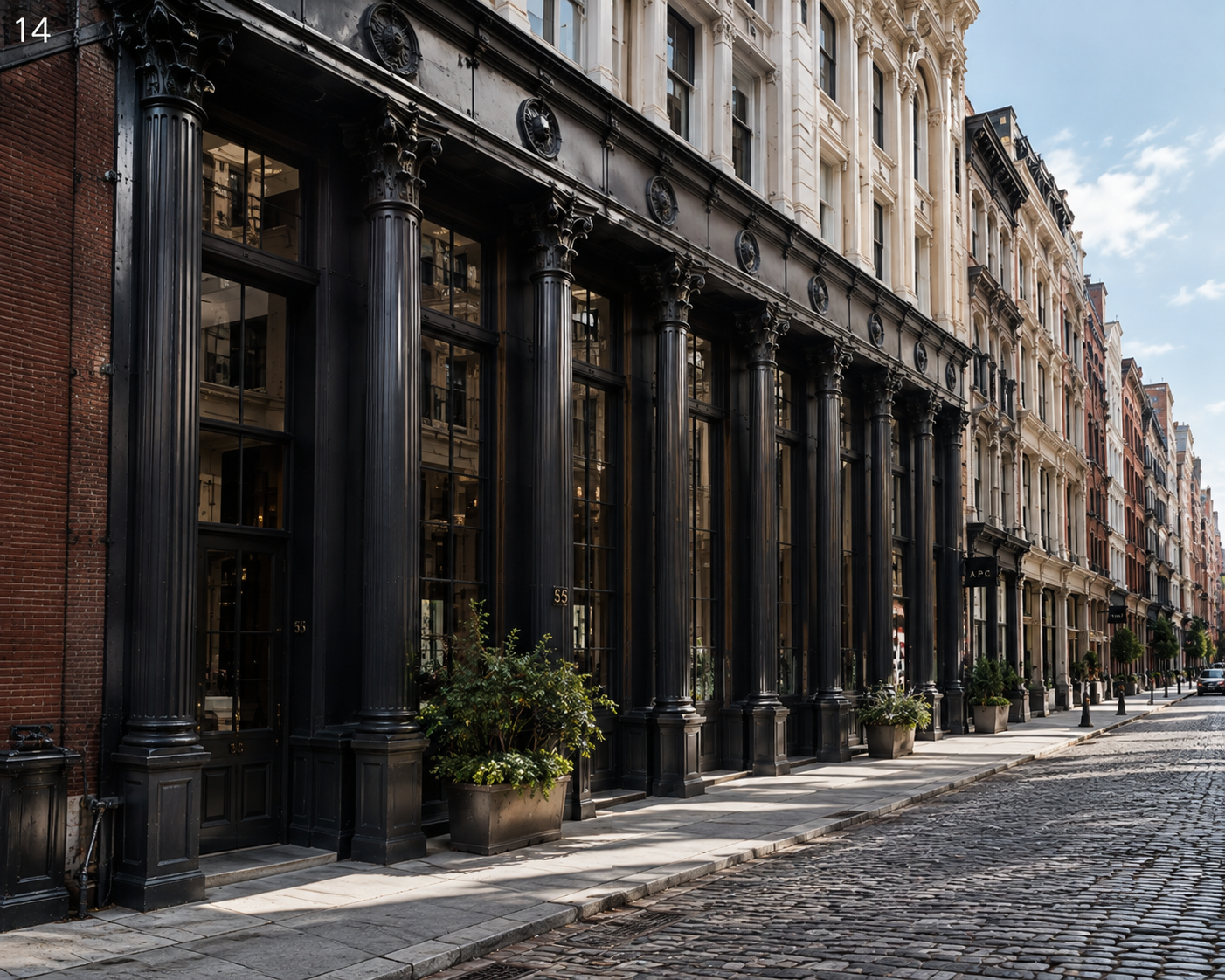 Historic cast-iron building facade along a cobblestone street.