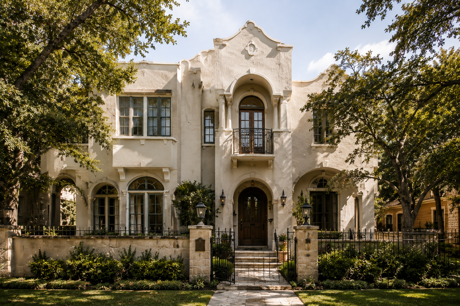 Spanish Colonial residence with an ornate white stucco facade, arched windows, and wrought-iron details.