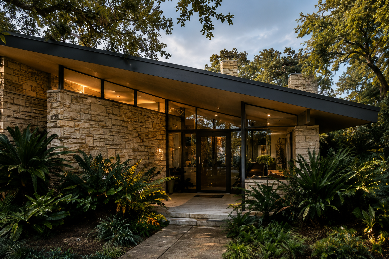 Limestone residence with a glass entrance, low roofline, and lush landscaping.