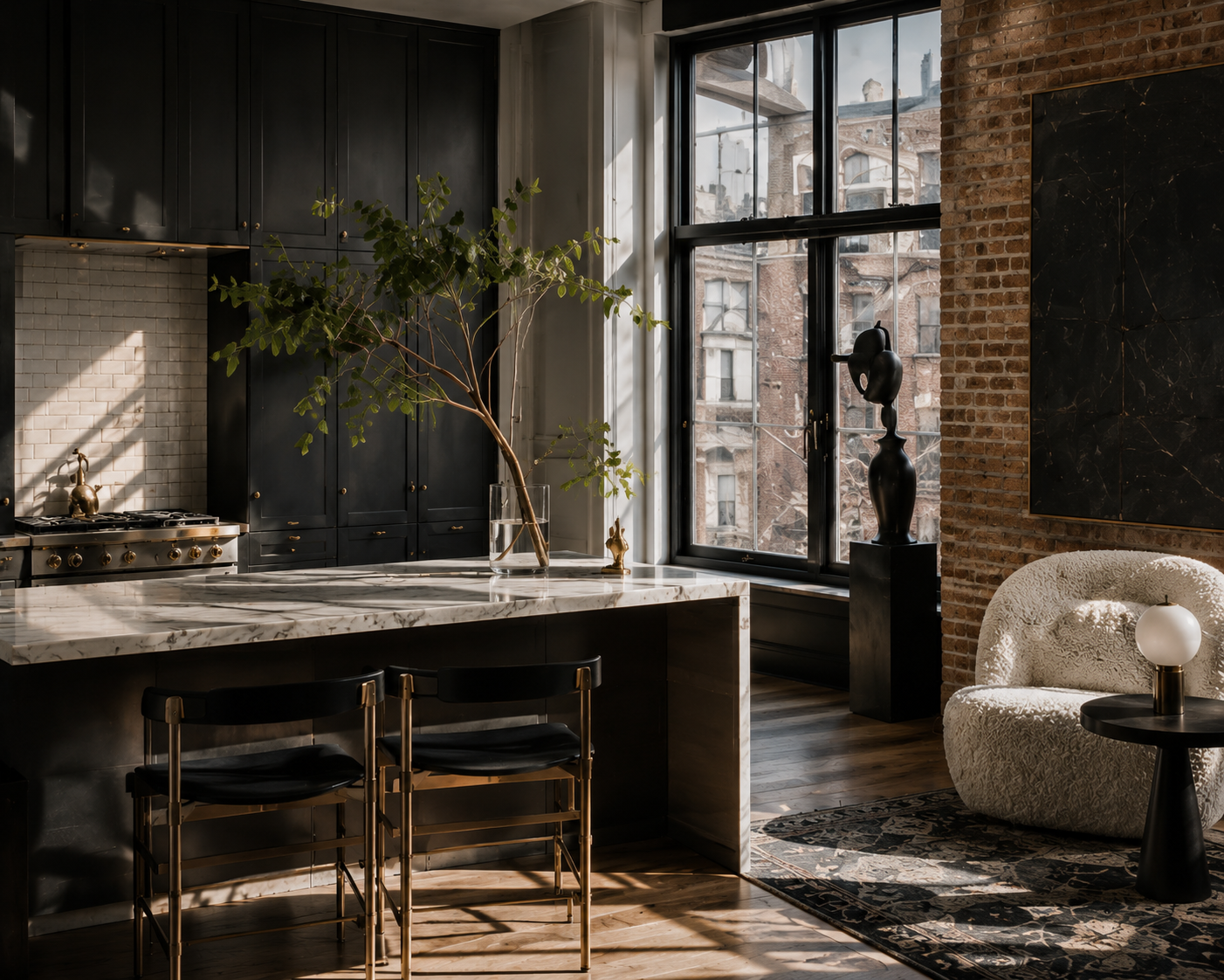Dark-paneled kitchen with marble island, black-framed windows, and leafy branches.