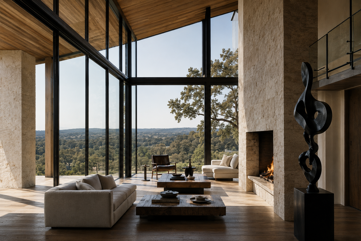 Glass-walled living room with cream seating, wood ceiling, limestone fireplace, and panoramic Hill Country views.