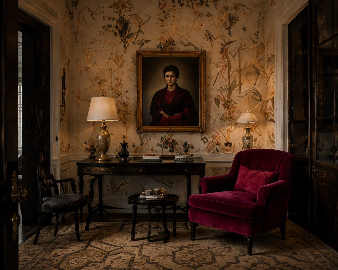 Intimate sitting room with patterned walls, framed portrait, antique furnishings, and deep red velvet chair.