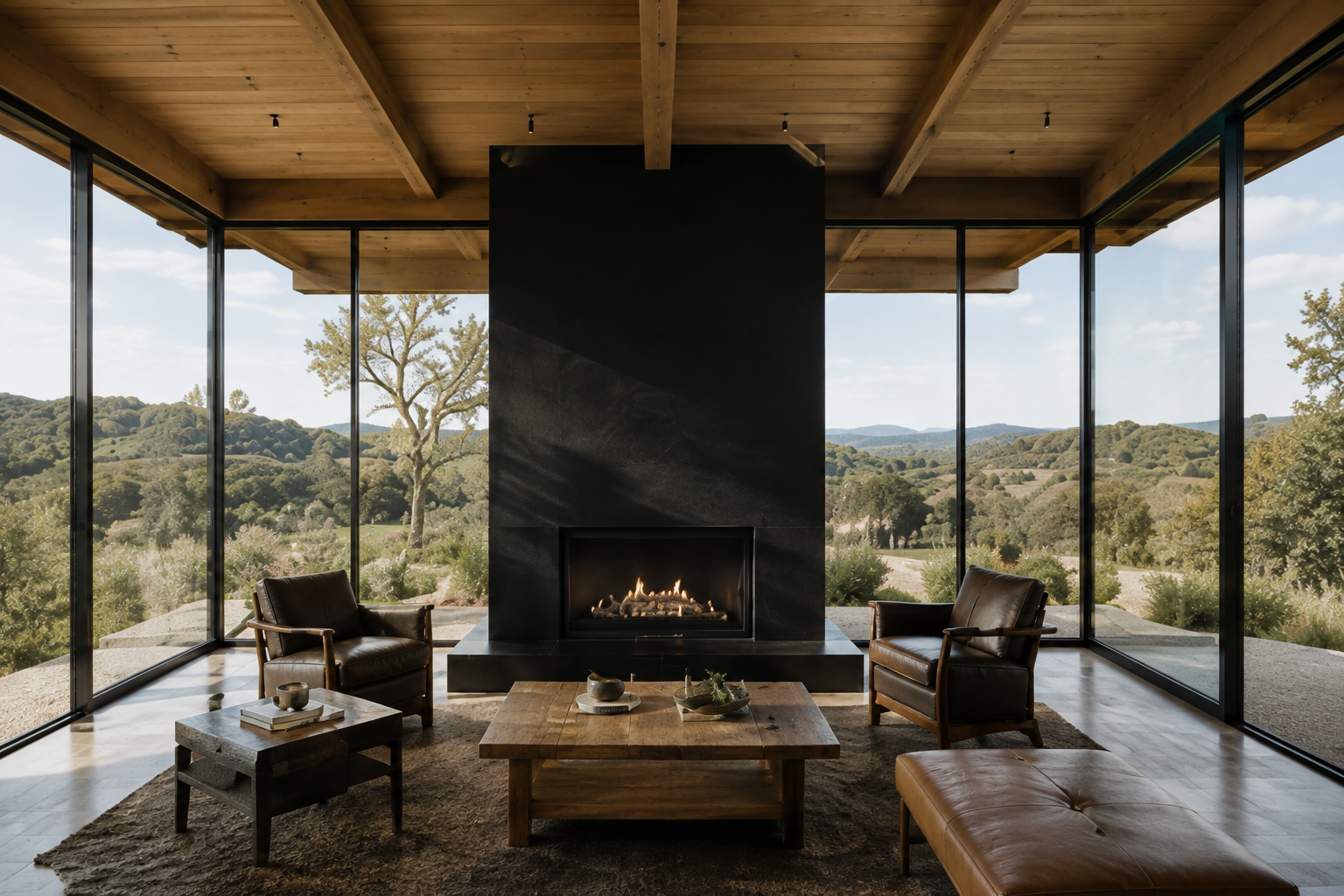 Living room with a black fireplace, wood ceiling, leather seating, and expansive Hill Country views.