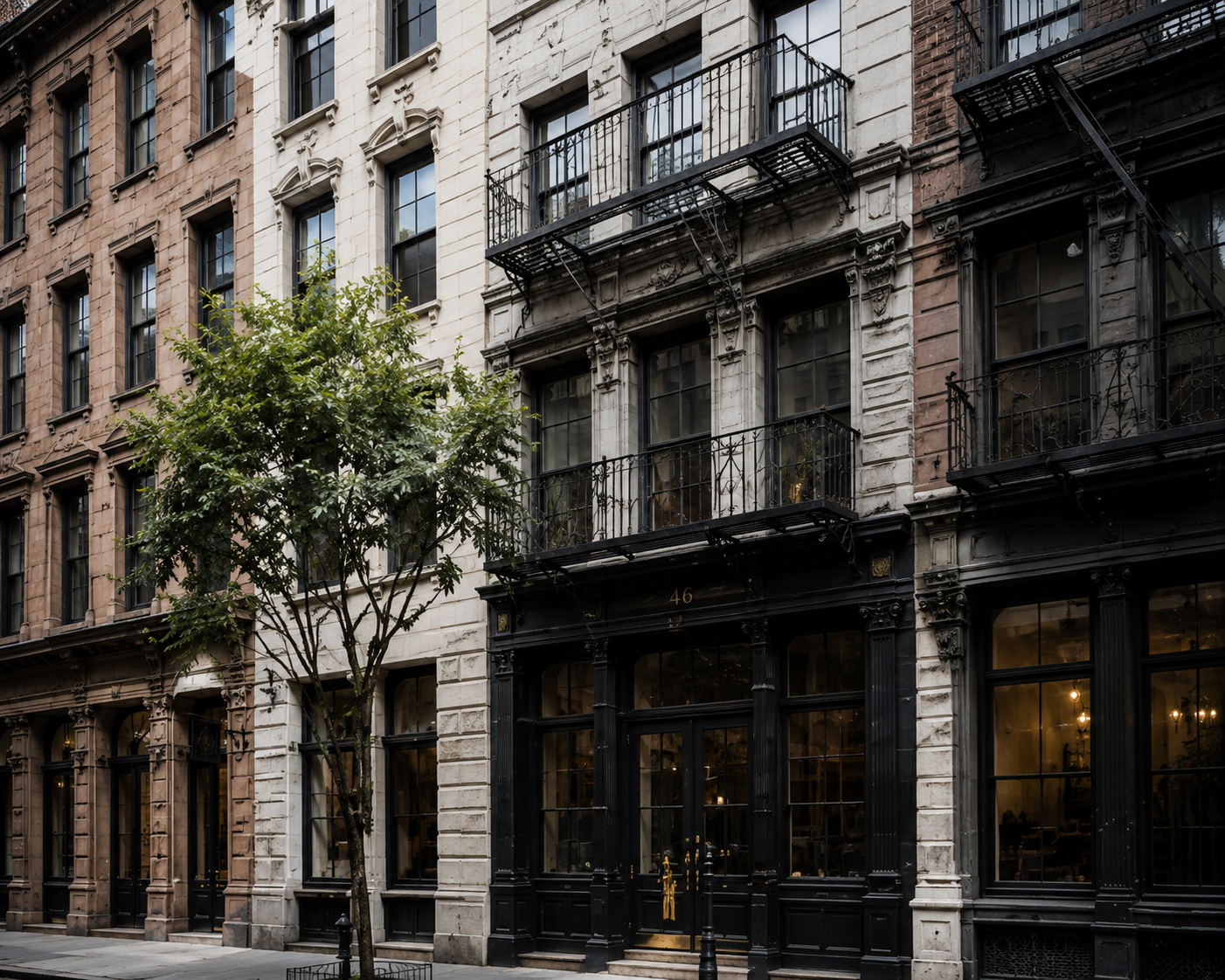 Historic residential facade with black-framed windows, iron balconies, and street trees.