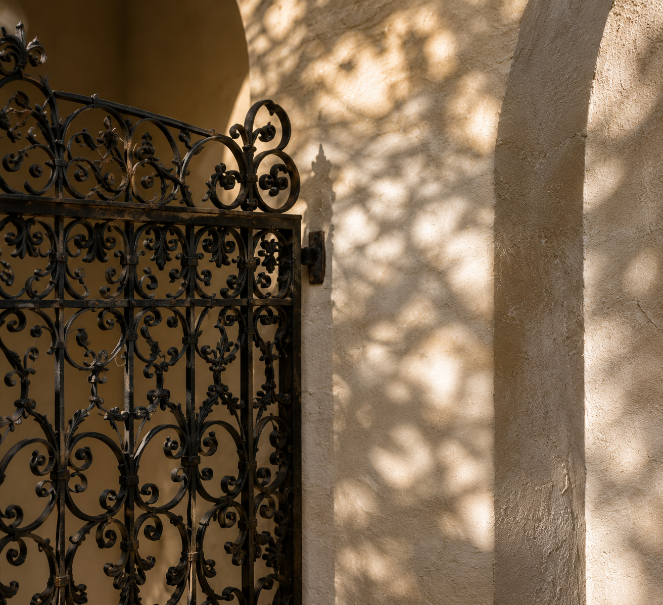 Ornate wrought-iron gate set between textured stucco walls in dappled sunlight.