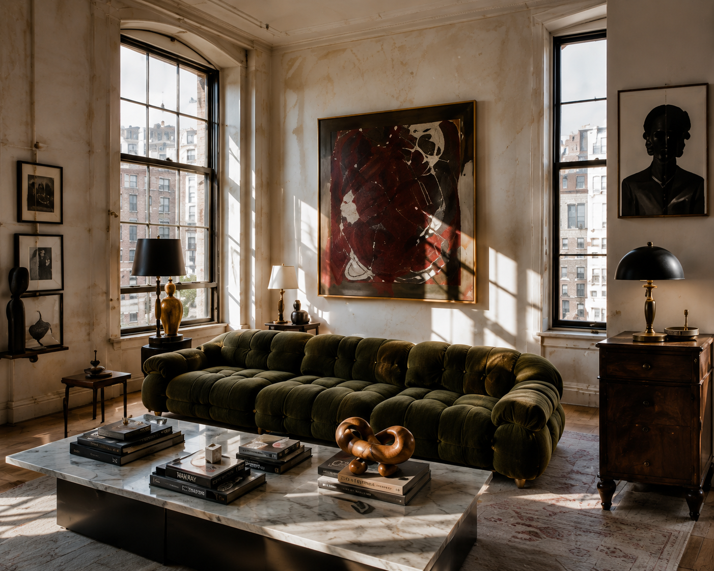Loft living room with tall windows, green velvet sofa, contemporary art, and layered coffee table.