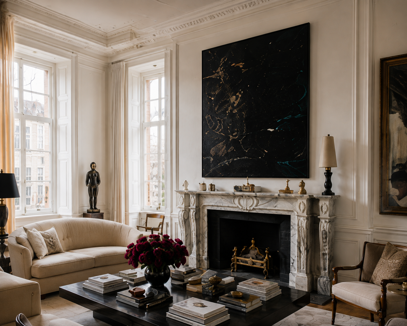 Light-filled living room with marble fireplace, contemporary black artwork, cream seating, and flowers.