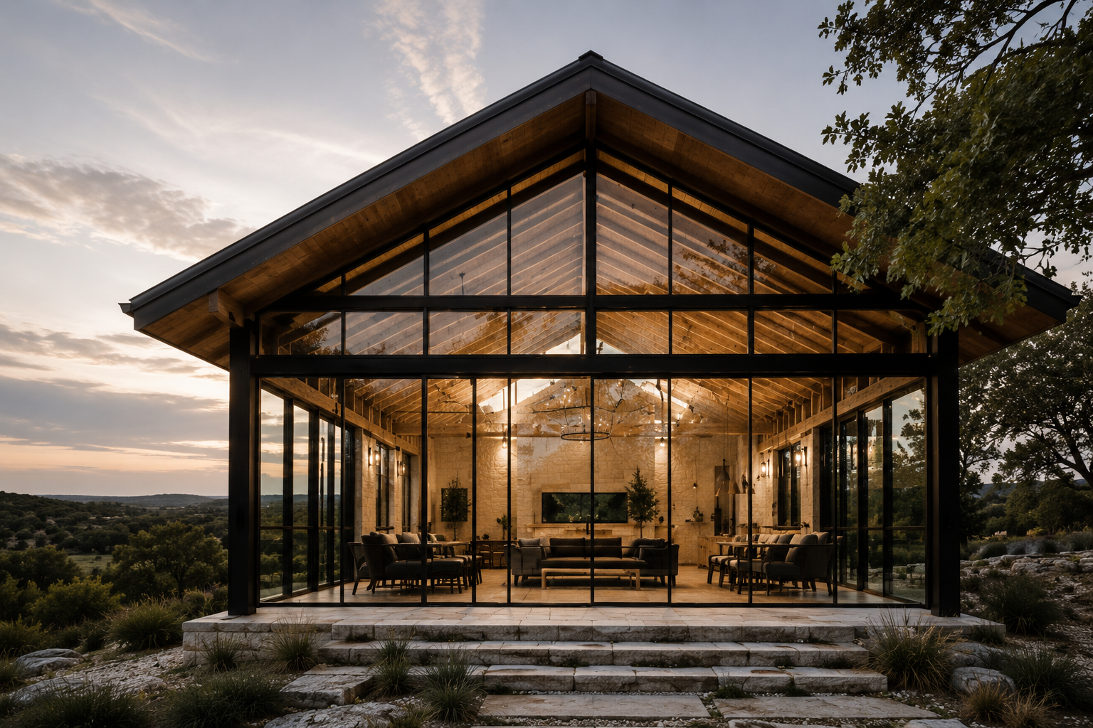 Glass-walled pavilion with a pitched roof, black steel framing, and warm wood ceiling.
