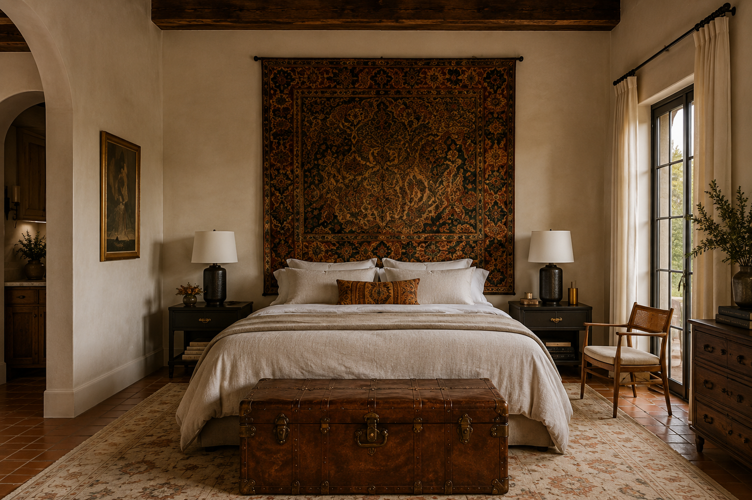 Bedroom with a carved decorative panel above the bed, plaster walls, and an antique wood trunk.