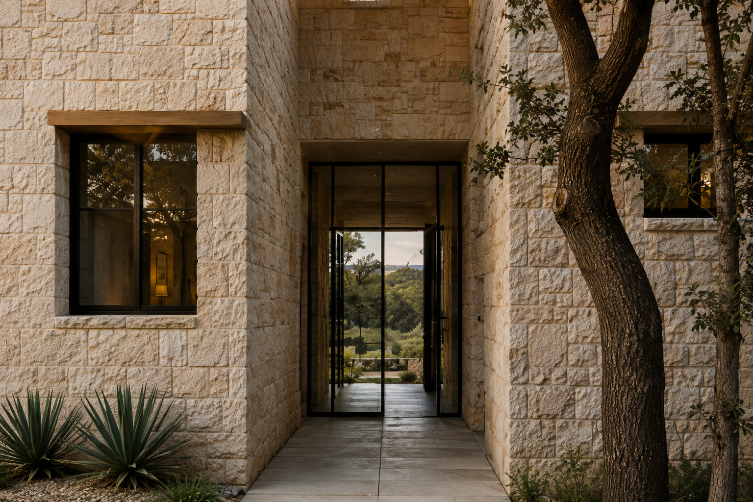 Narrow passage between limestone walls leading to a black steel and glass door.
