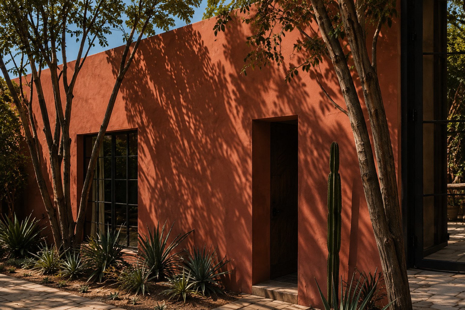 Terracotta stucco facade with a recessed doorway, black window, and tree shadows.