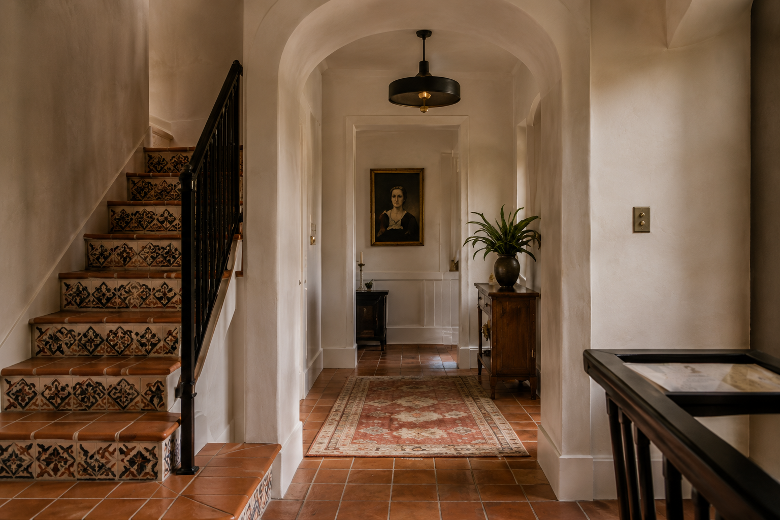 Arched hallway with terracotta tile floors, patterned staircase, framed portrait, and wood console.