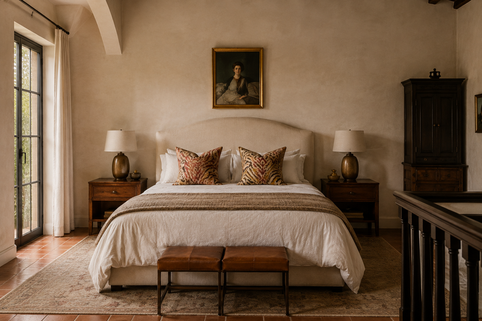 Bedroom with warm plaster walls, upholstered bed, wood nightstands, and framed portrait.
