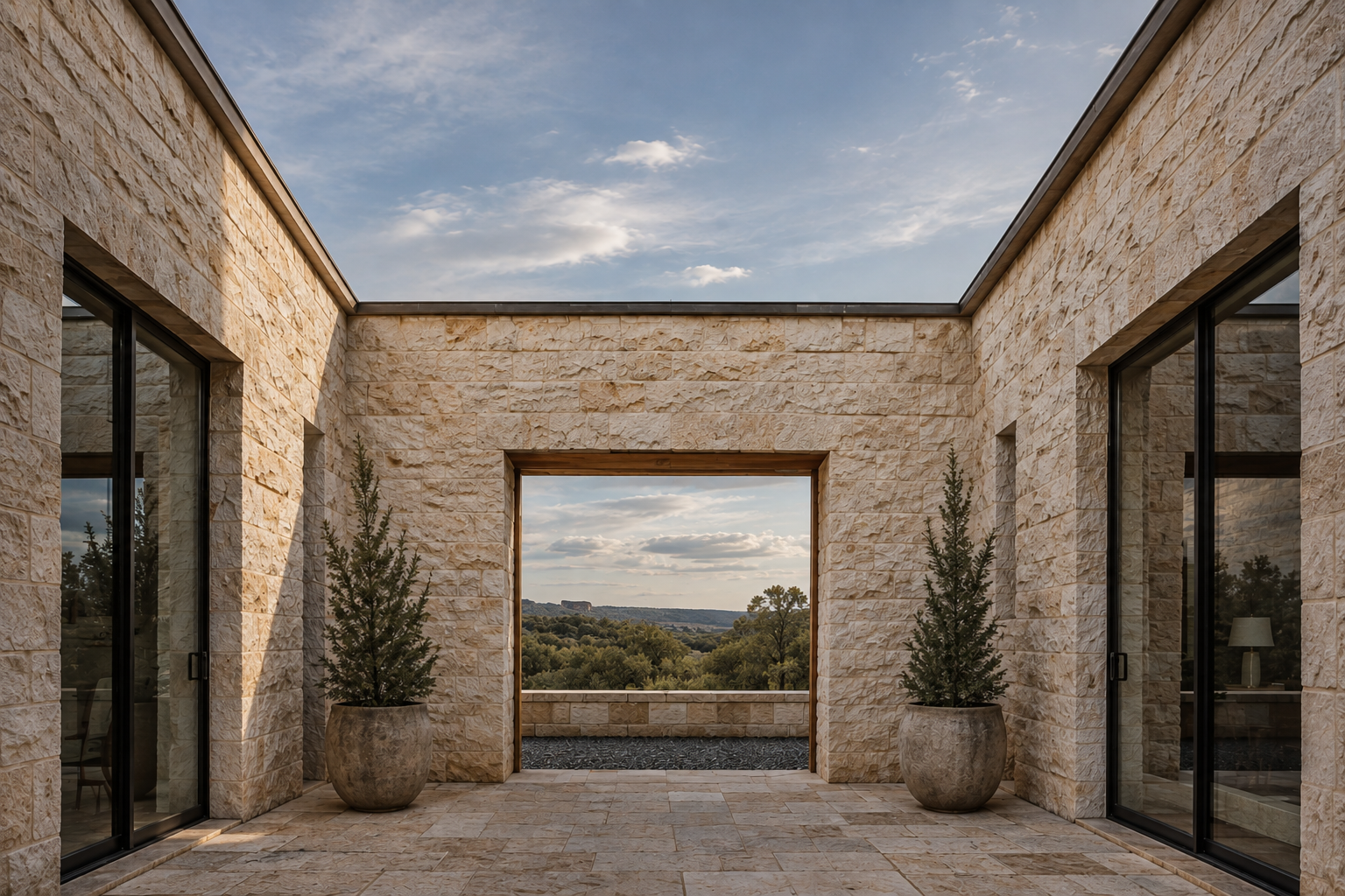 Limestone courtyard with a rectangular opening framing the distant Hill Country landscape.