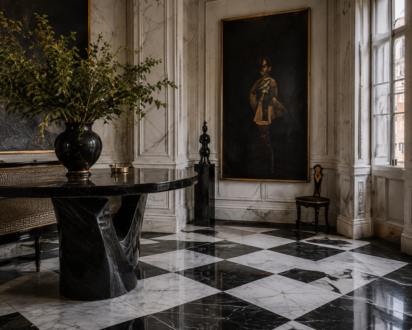 Formal entry hall with black-and-white marble floor, dark console table, flowering branches, and framed portrait.