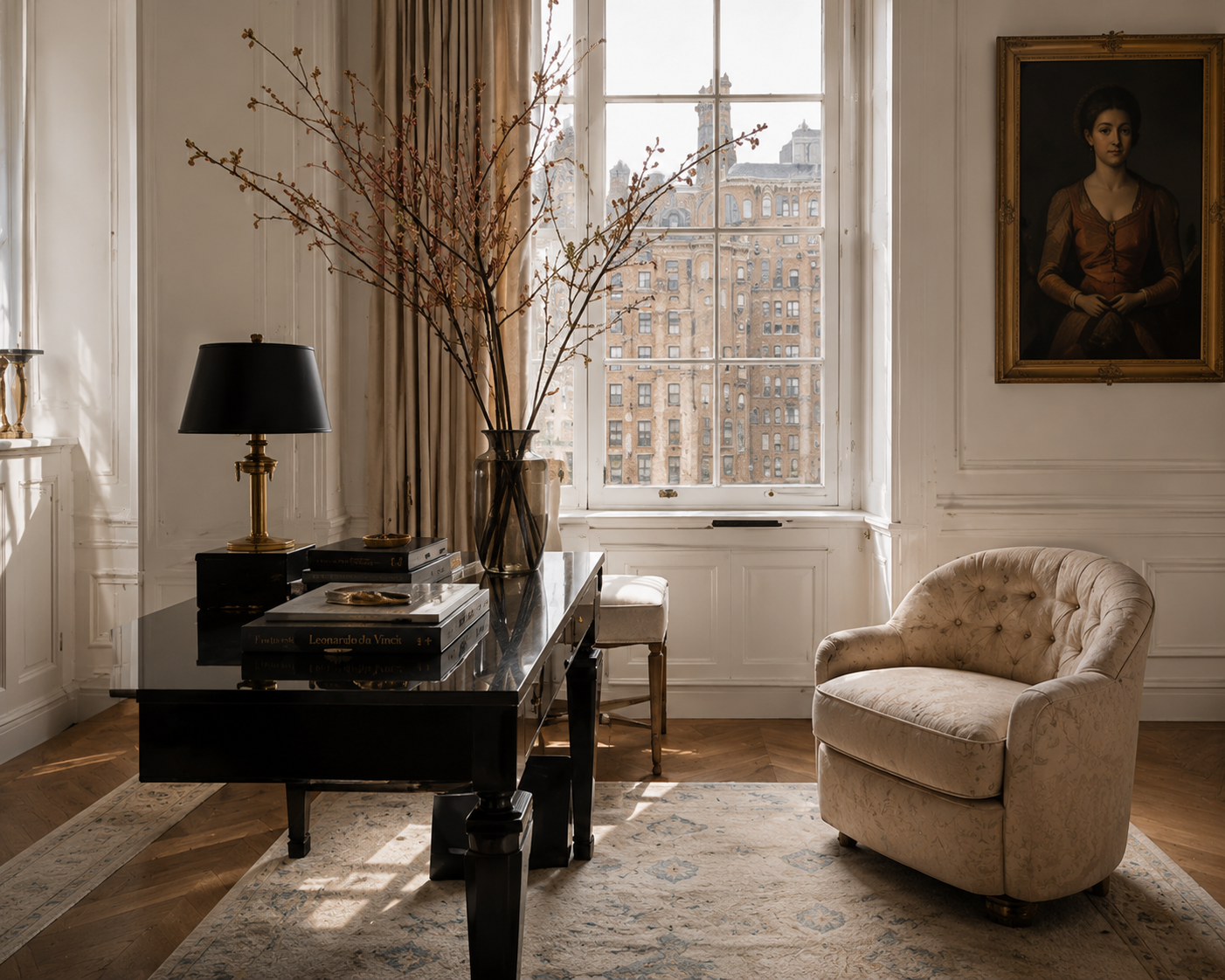 Sunlit study with dark wood desk, flowering branches, cream armchair, and city views.
