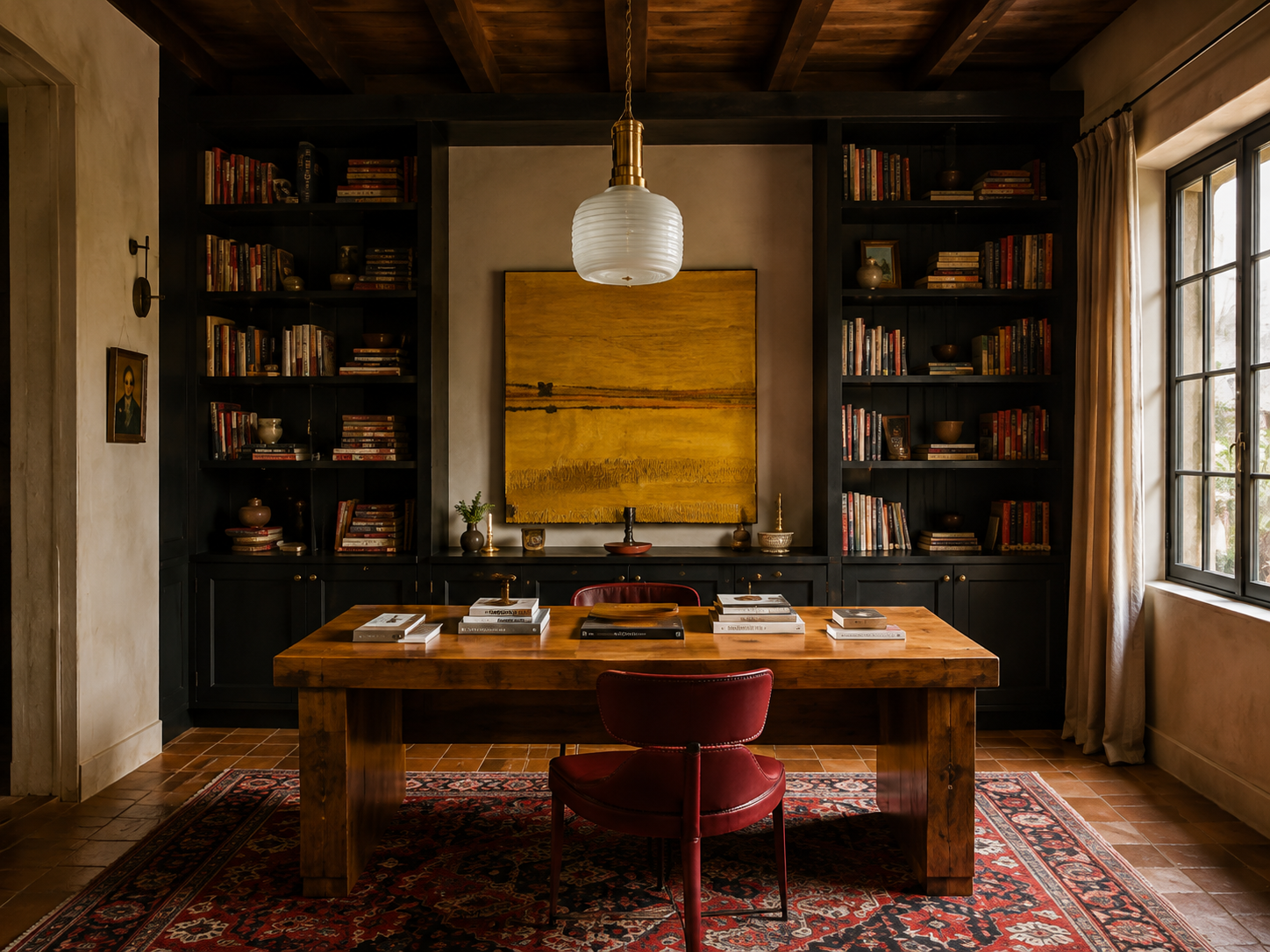 Dark wood library with floor-to-ceiling bookshelves, a large worktable, artwork, and patterned rug.