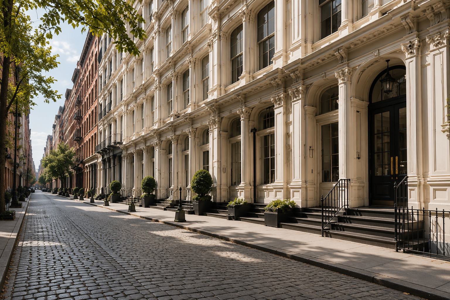 Row of ornate white cast-iron facades along a sunlit cobblestone street.