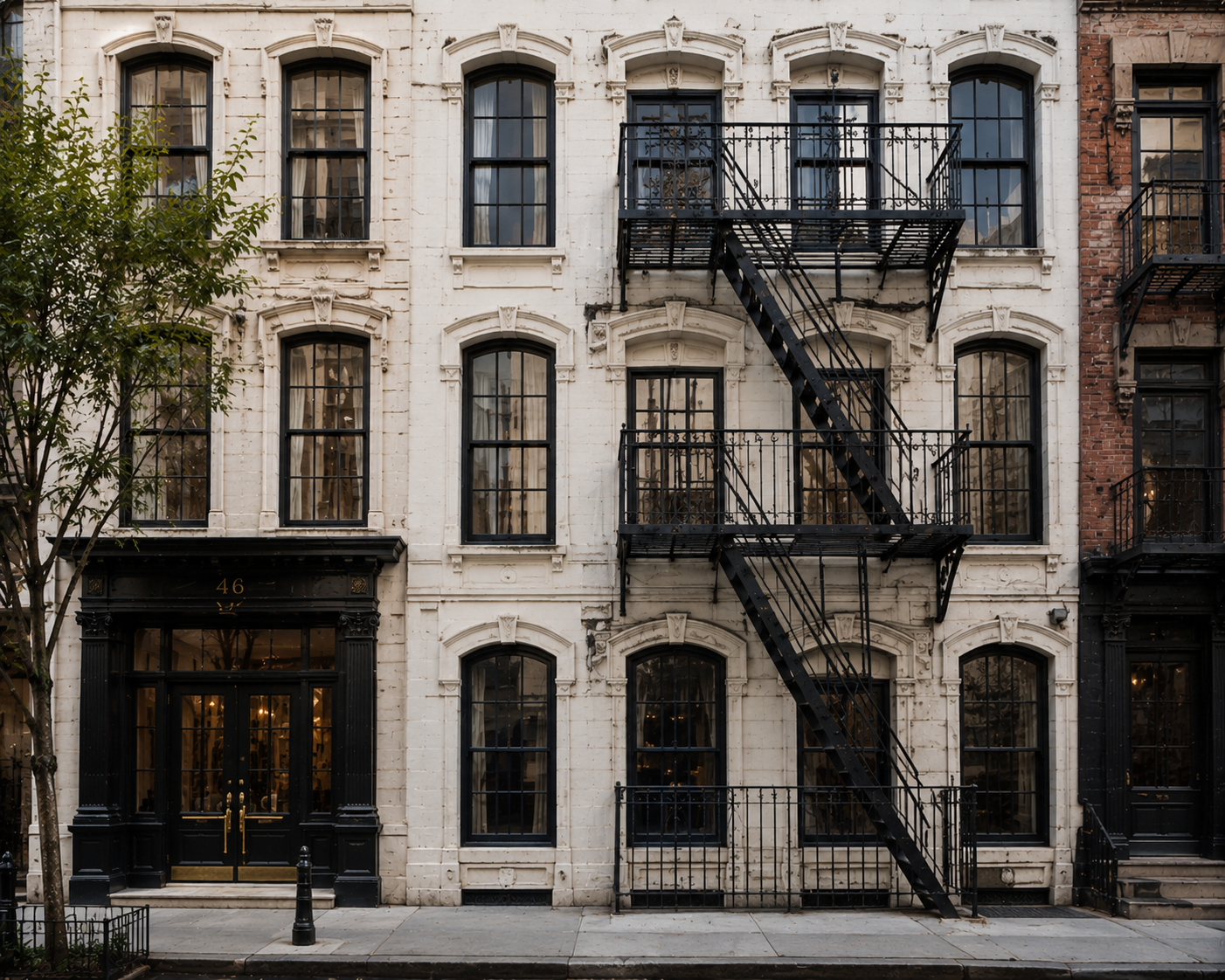 Historic white facade with tall black windows, wrought-iron balconies, and fire escape.