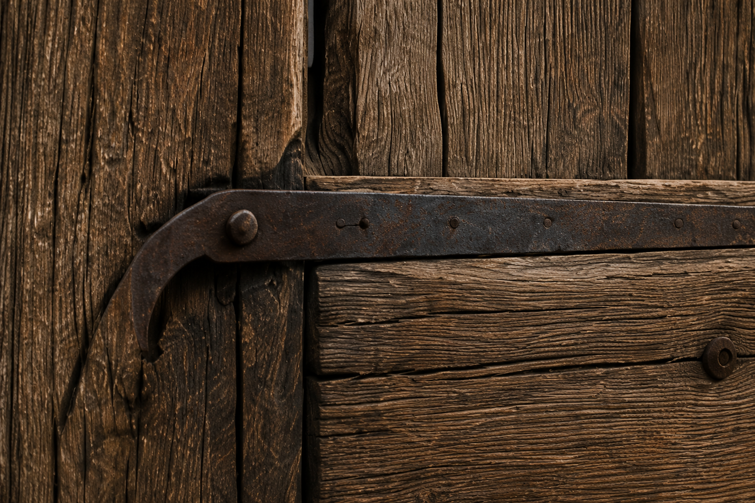 Close view of a weathered wood door with heavy black iron strap hinge.
