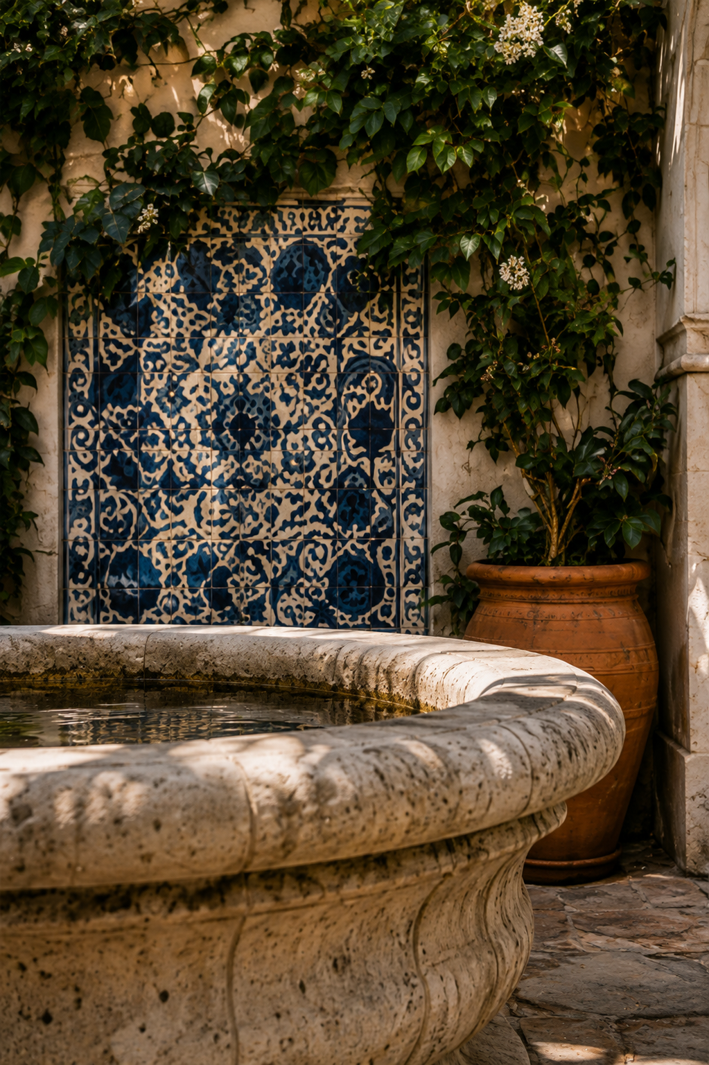 Blue-and-white patterned tile wall behind a carved stone fountain and terracotta planter.