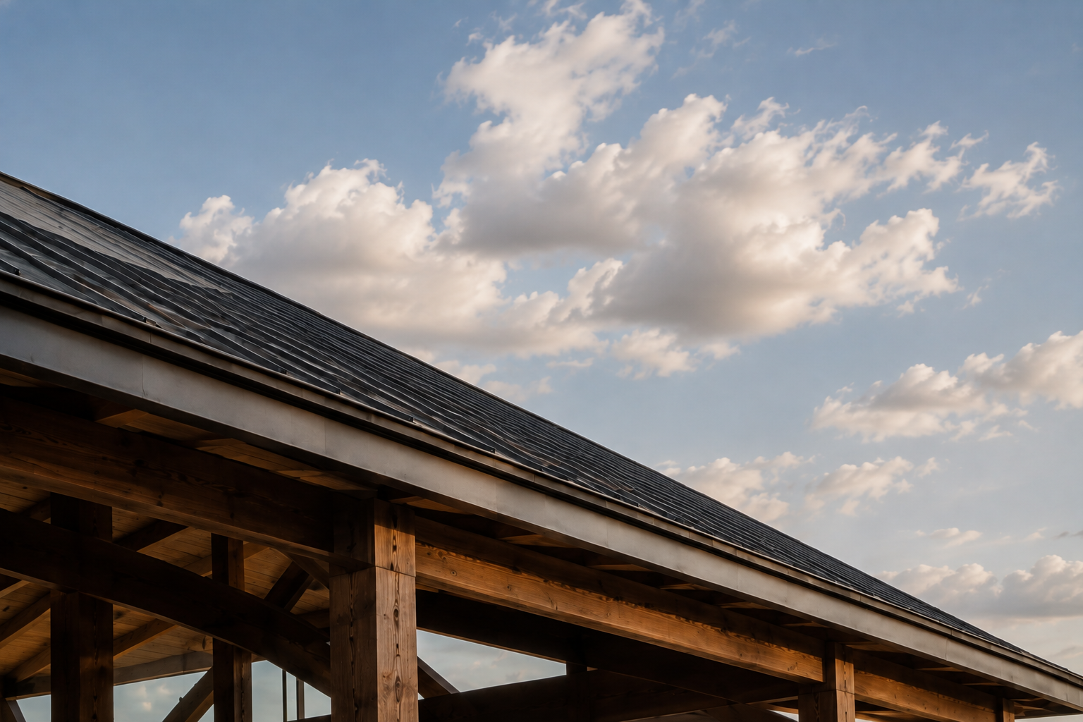 Black metal roof and exposed wood eaves beneath a blue sky filled with white clouds.