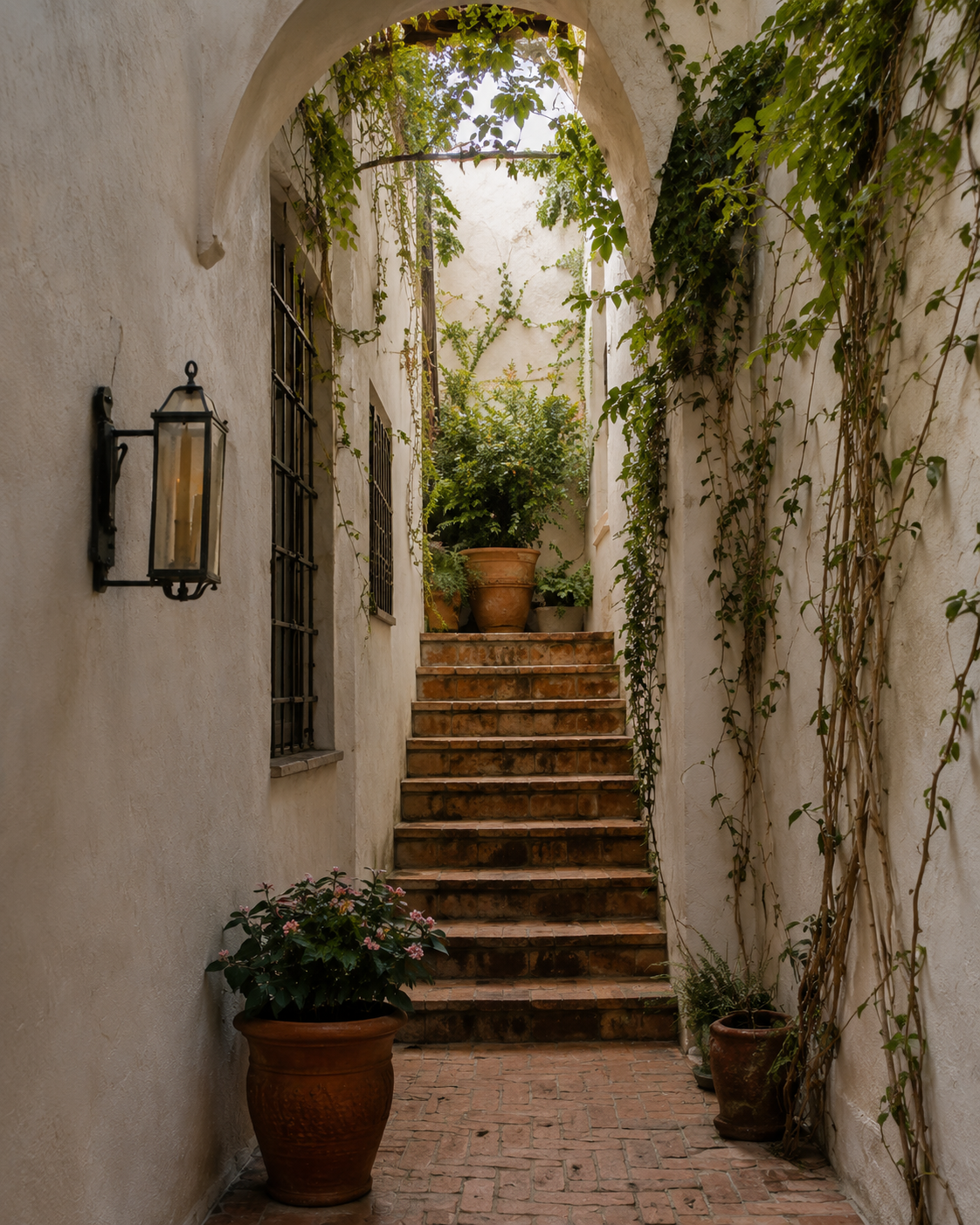 Narrow stucco stairway lined with climbing greenery, terracotta pots, and a wall lantern.