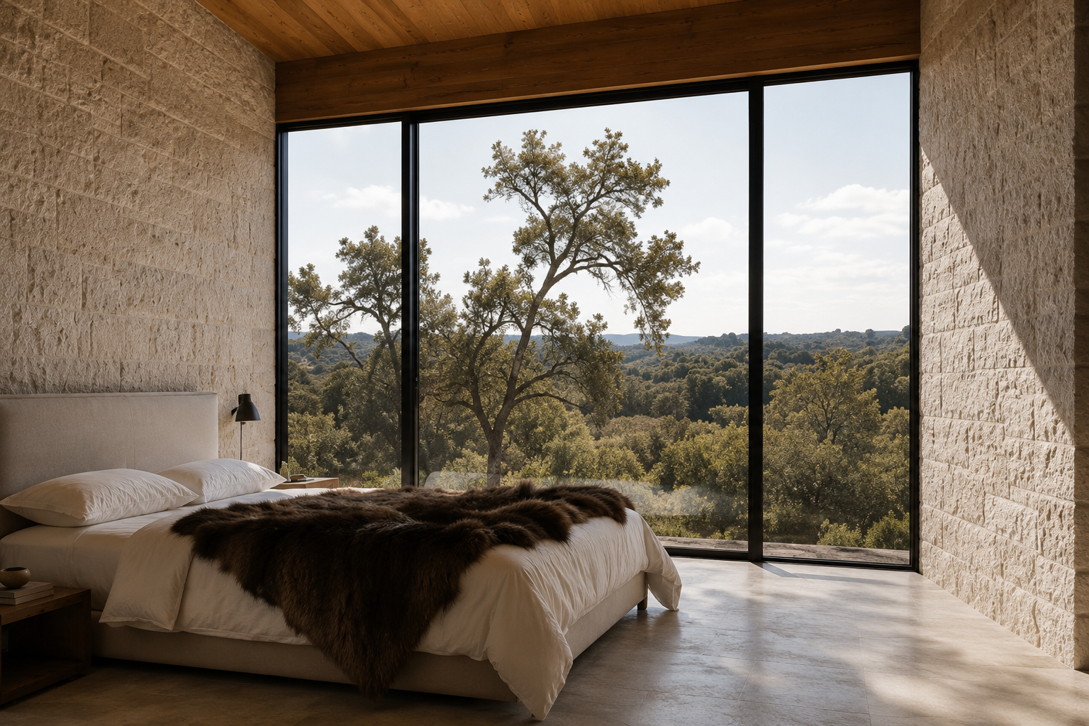 Bedroom with white bedding, dark hide throw, and floor-to-ceiling windows overlooking the Hill Country landscape.